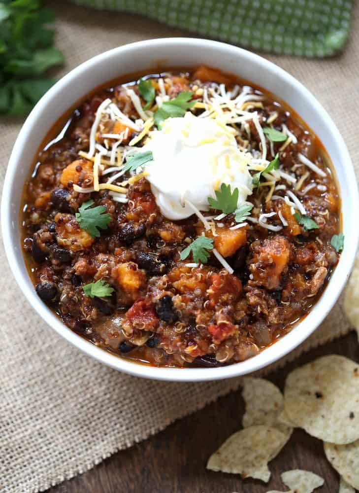 This high protein low calorie chili is really flavorful, and I love the addition of sweet potatoes.