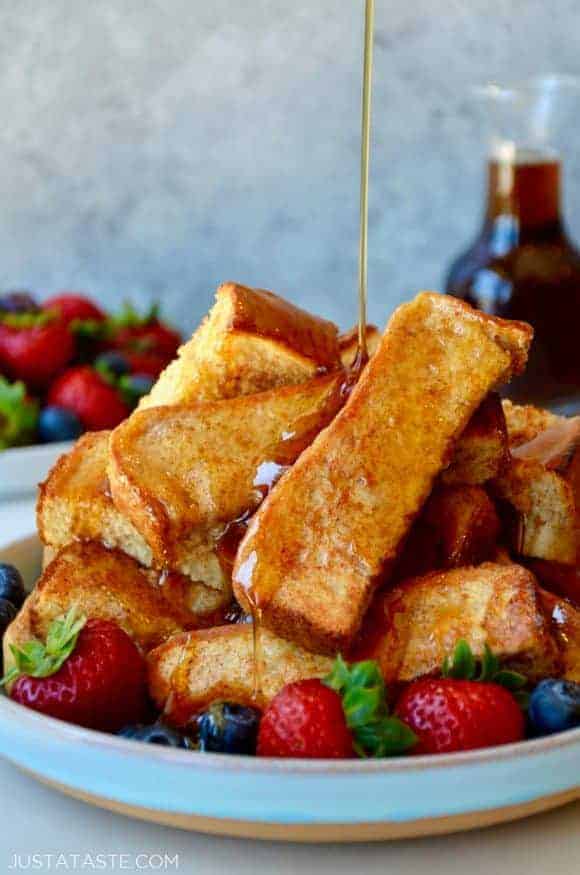 Baked french toast sticks is such an easy freezer meal to make ahead, and is a nice treat to pull out of the freezer, microwave and sit down to in about a minute.