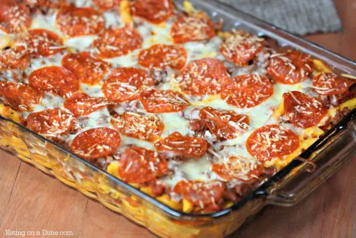 Pizza casserole is such an easy freezer meal that we usually make a couple at a time and just alternate toppings.