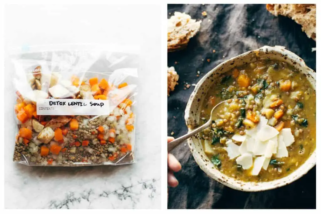 Lentil soup is a great example of an easy freezer meal, where you can grab a bag from the freezer, heat it and enjoy it. And it tastes like you've been slaving over it all day.