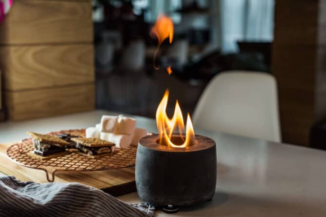 A fire bowl sitting on a table top